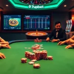 Experience the excitement of online gambling with 7upbet's professional poker table set against a luxurious casino backdrop.