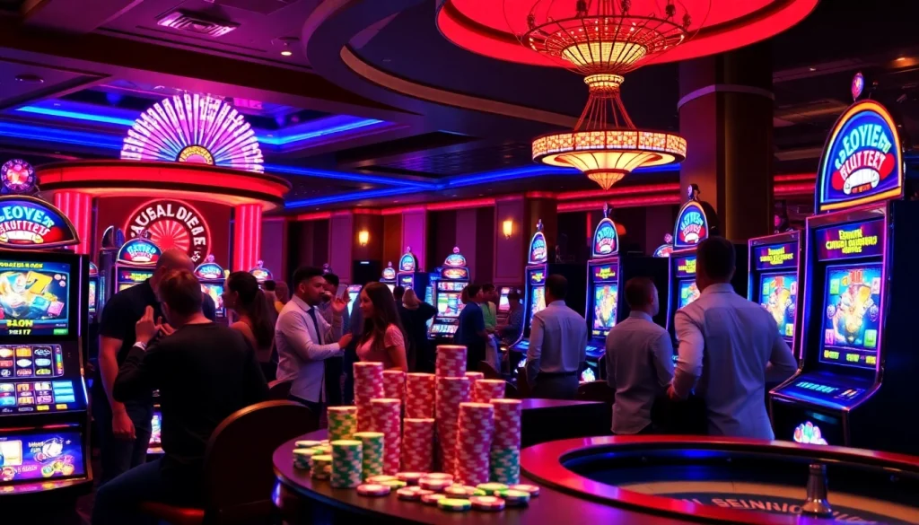 Players celebrating wins on the slot apiraja88 amidst a lively casino atmosphere.