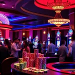 Players celebrating wins on the slot apiraja88 amidst a lively casino atmosphere.