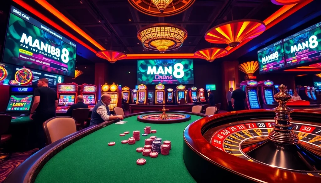 Action-packed poker game at Man 88 casino with vibrant chips and a thrilling atmosphere.