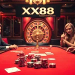 Engaging poker action at XX88 casino with vibrant chips and intense player focus.