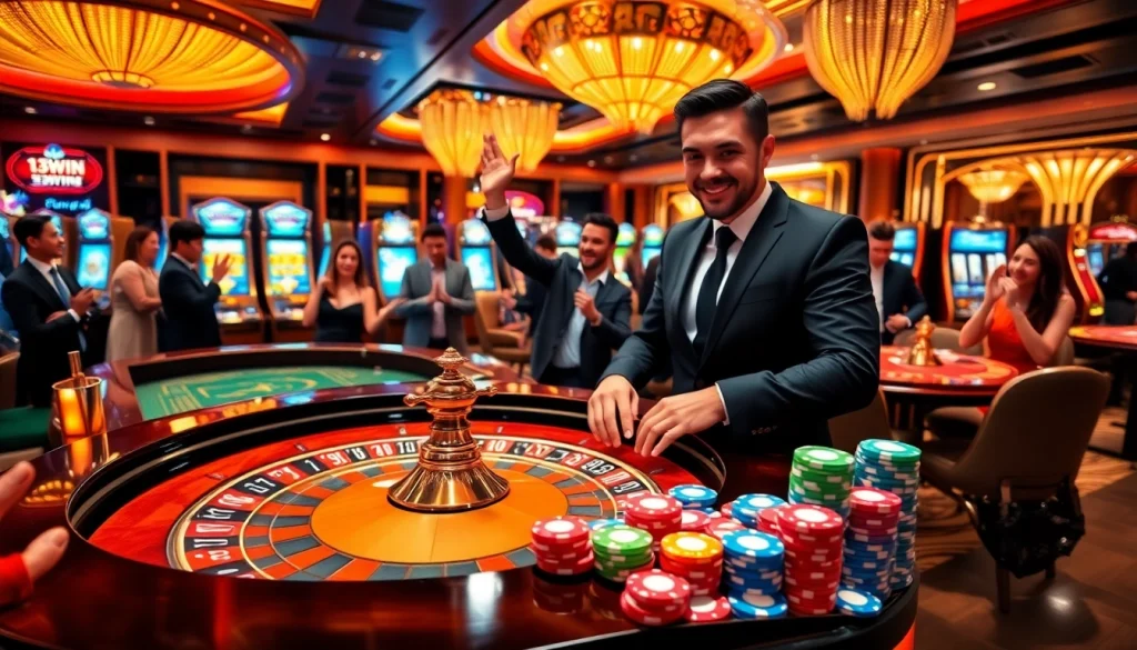 Players celebrating wins at the 13win casino, with roulette and poker action showcasing excitement.