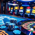 Experience the excitement of gambling at KK55.blue with vibrant casino visuals featuring poker chips and cards.