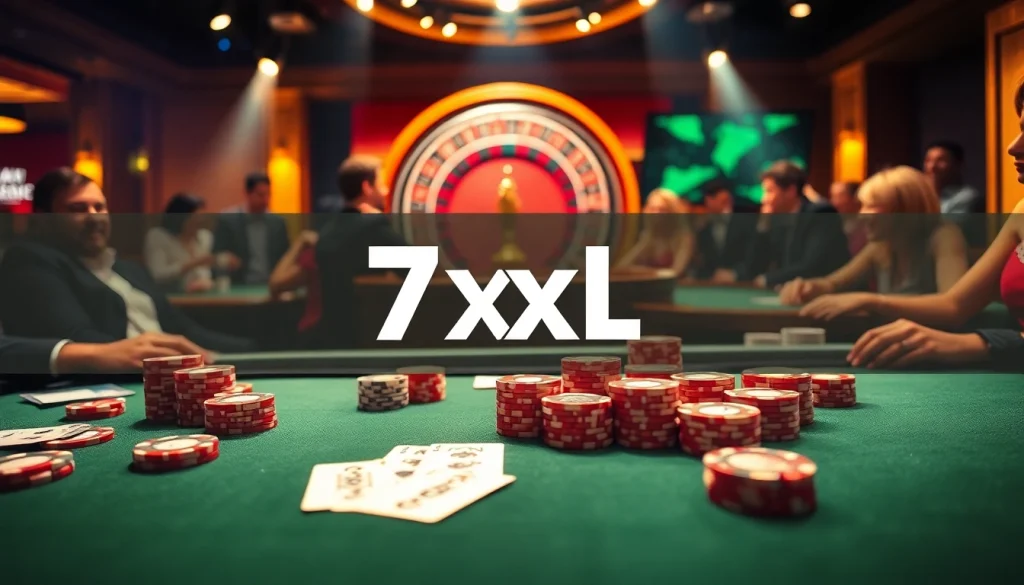 המרים נלהבים המשתתפים בשולחן פוקר של 7xl בסביבת קזינו יוקרתית.