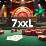 המרים נלהבים המשתתפים בשולחן פוקר של 7xl בסביבת קזינו יוקרתית.