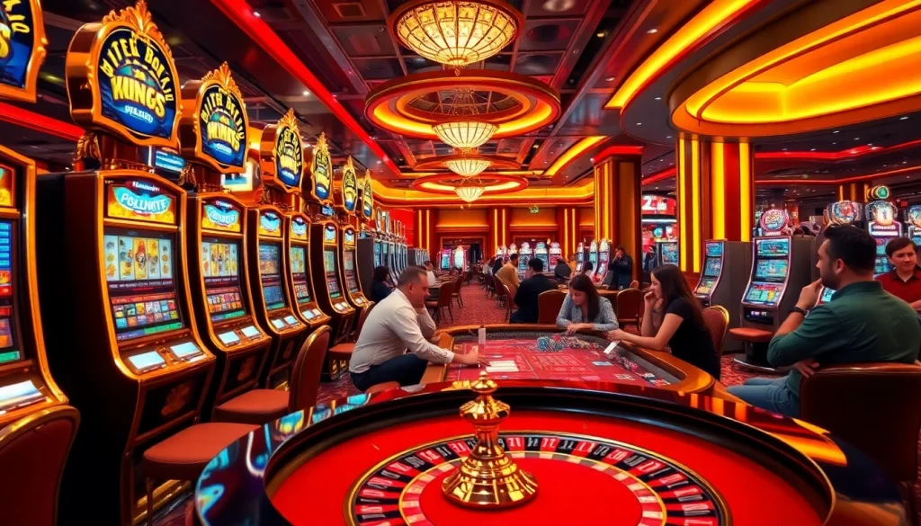 Players enjoying a vibrant gaming experience at 222bd one with slot machines and roulette.