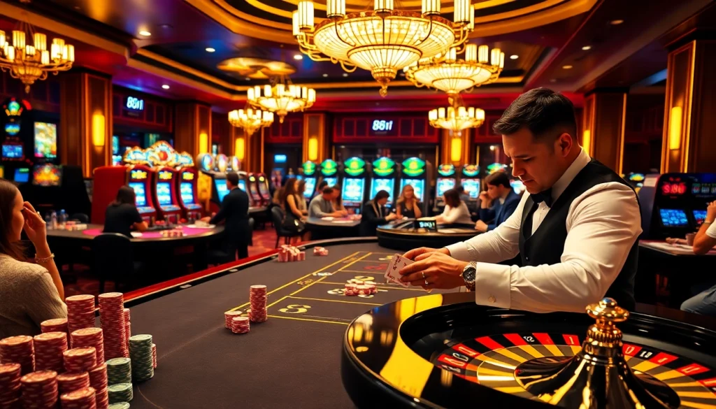 Exciting casino experience featuring 88i with vibrant poker tables, roulette, and enticing games.