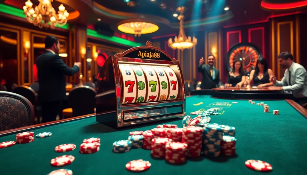 Players enjoying excitement at the slot apiraja88 machine in a vibrant casino atmosphere.