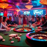 High-energy casino scene at fun79 featuring poker chips, cards, and roulette wheel.