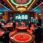 nk88 players enjoying a thrilling moment at the casino tables, celebrating wins with poker chips.