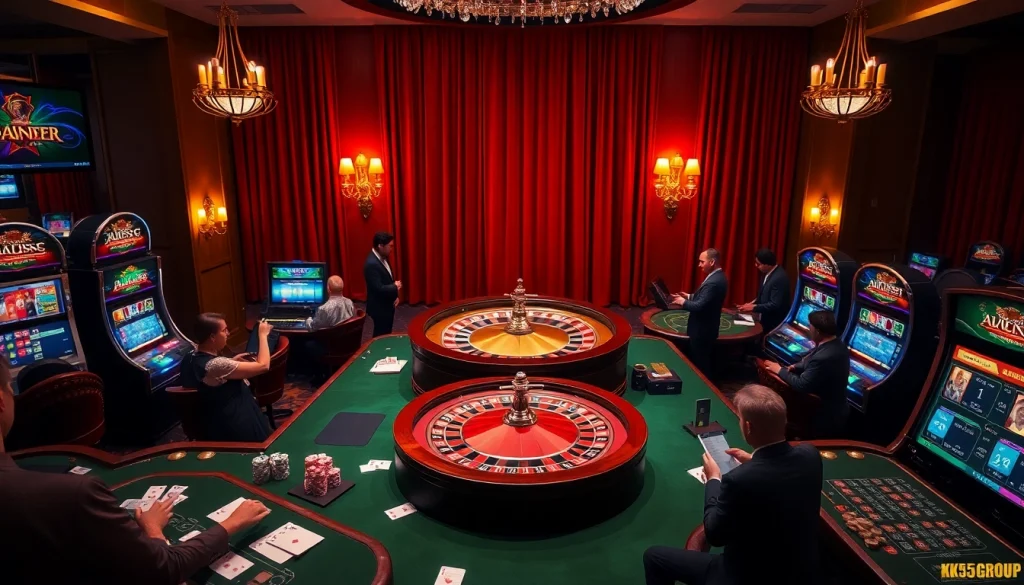Experience the thrill of gambling at kk55.group with an elegant casino scene featuring roulette and slot machines.