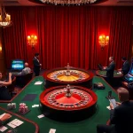 Experience the thrill of gambling at kk55.group with an elegant casino scene featuring roulette and slot machines.