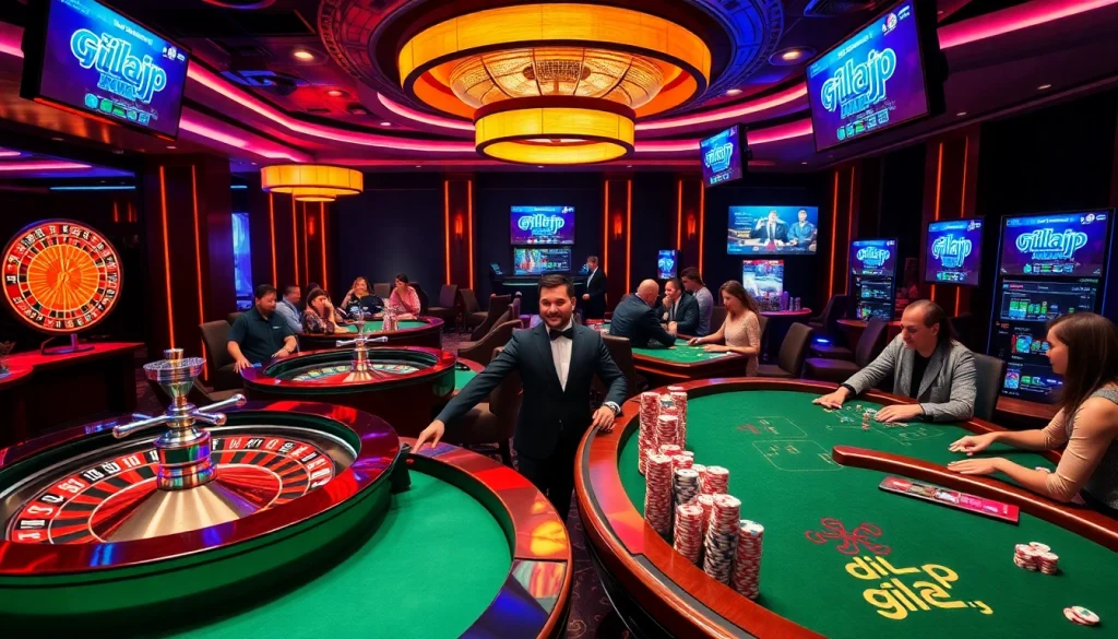 Gambling enthusiasts immerse in a vibrant casino scene, showcasing gilajp excitement and high-stakes gameplay.