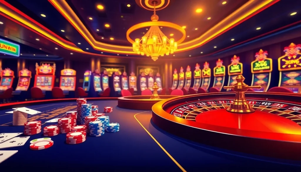 Sunwin casino ambience featuring poker chips, roulette wheel, and bright slot machines.