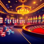 Sunwin casino ambience featuring poker chips, roulette wheel, and bright slot machines.