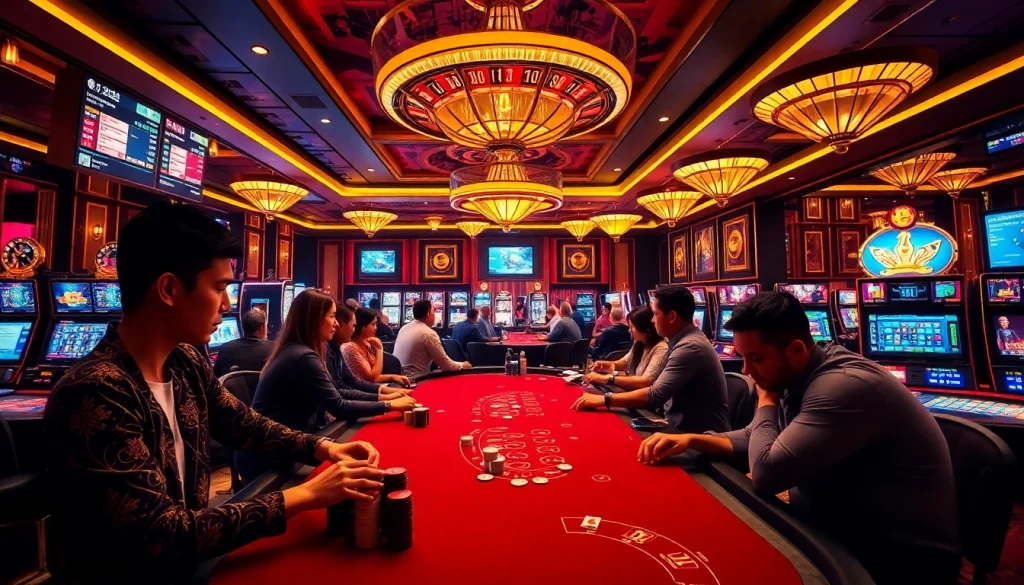 Engaging players at a luxurious table while betting on https://bj388.boats/ with vibrant casino elements.
