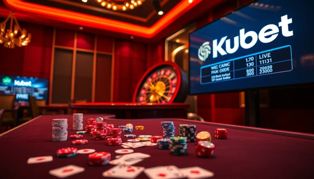 Kubet logo showcased on an elegant casino table surrounded by poker chips and playing cards.