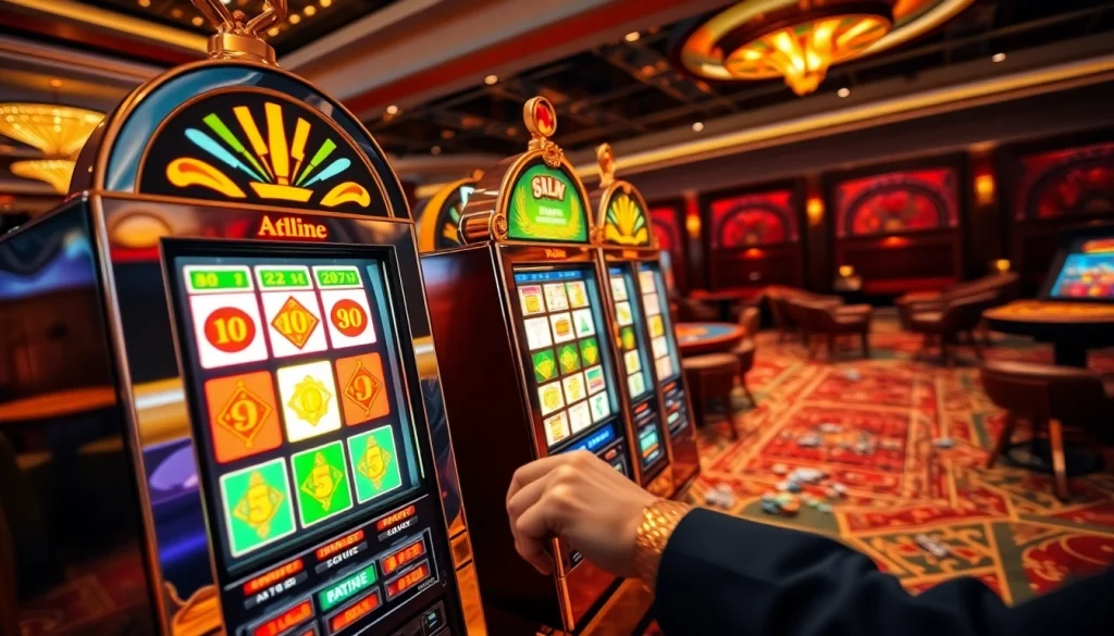 Excited player at slot apiraja88 machine in a vibrant casino setting.
