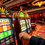 Excited player at slot apiraja88 machine in a vibrant casino setting.