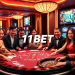 Players enjoying a vibrant gaming experience at 11BET casino tables with colorful chips and cards.