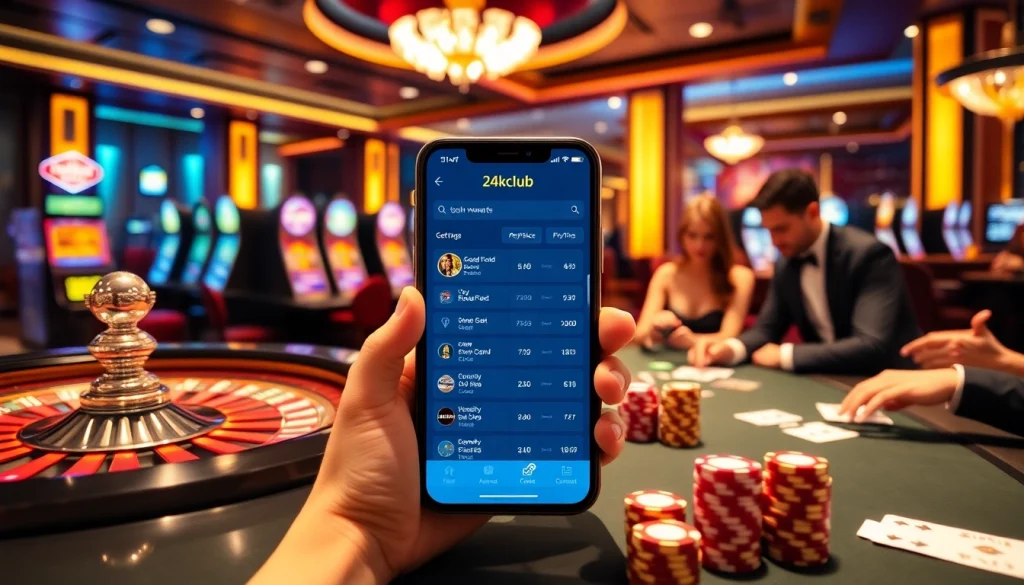 A luxury casino scene illustrating the 24kclub app on a smartphone against a vibrant roulette table.