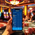 A luxury casino scene illustrating the 24kclub app on a smartphone against a vibrant roulette table.