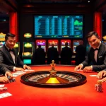 Implementing เทคนิคแทงบอล at a luxurious casino poker table with colorful chips and cards.