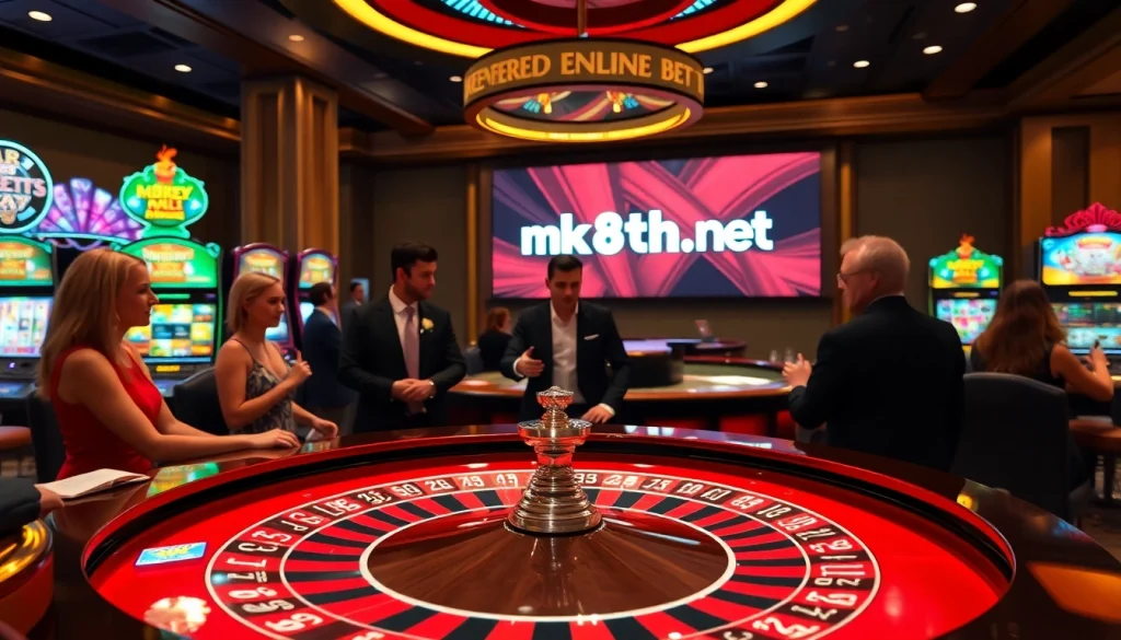 Players enjoying a thrilling roulette game at mk8th.net casino with elegant decor and exciting atmosphere.