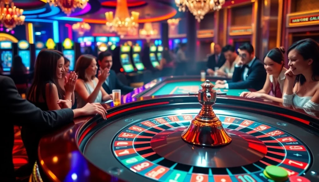 Experience the excitement of EEJL gaming at a vibrant casino filled with roulette tables and eager players.