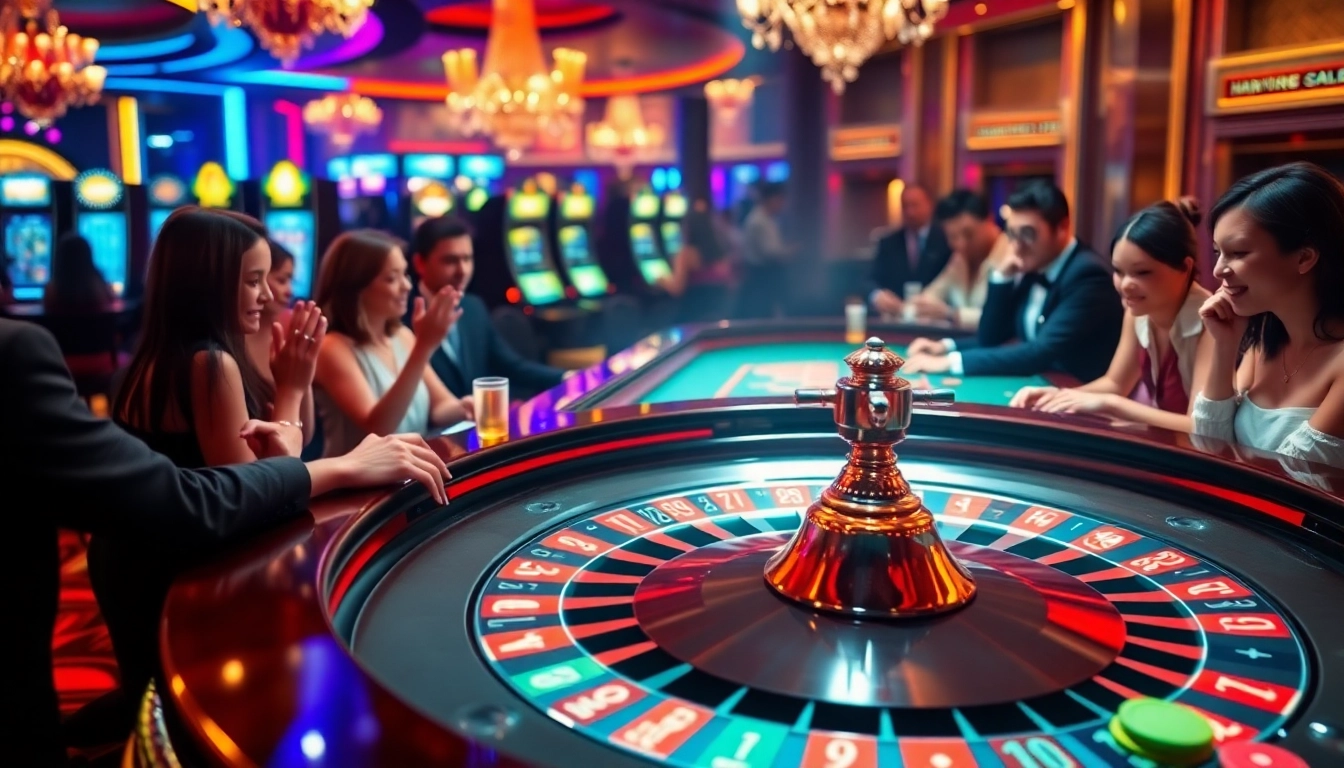 Experience the excitement of EEJL gaming at a vibrant casino filled with roulette tables and eager players.