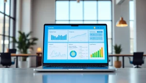 Showcasing SaaS interface on a laptop surrounded by a modern workspace with natural lighting.