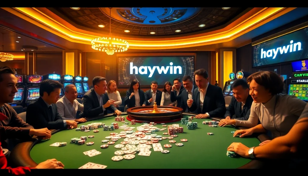 Excited players at a luxurious casino poker table, illustrating haywin-themed gambling action.