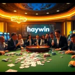 Excited players at a luxurious casino poker table, illustrating haywin-themed gambling action.