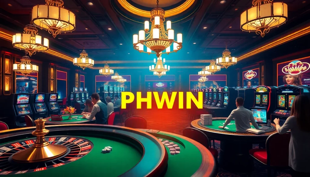 Experience the excitement of PHWIN at a luxurious casino featuring vibrant gaming tables and engaging players.