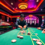 Exciting casino action at https://mm888.media/ with roulette wheel, poker game, and vibrant slot machines.