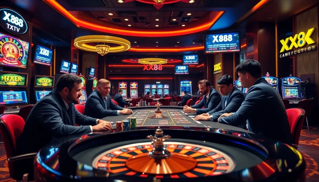 Engaging poker scene with players and XX88 TV branding in a luxurious casino environment.