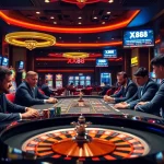 Engaging poker scene with players and XX88 TV branding in a luxurious casino environment.