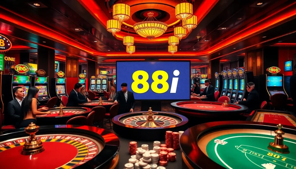 Players enjoying games at 88i casino, with vibrant tables, chips, and excitement in the air.