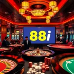 Players enjoying games at 88i casino, with vibrant tables, chips, and excitement in the air.