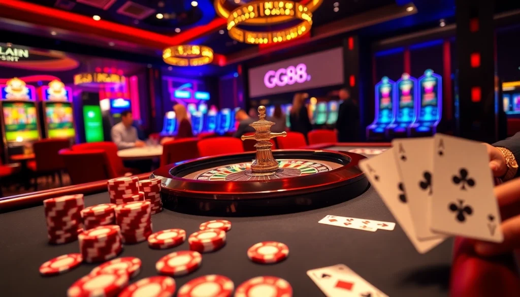 Experience excitement at GG88's vibrant casino table with cards and chips.