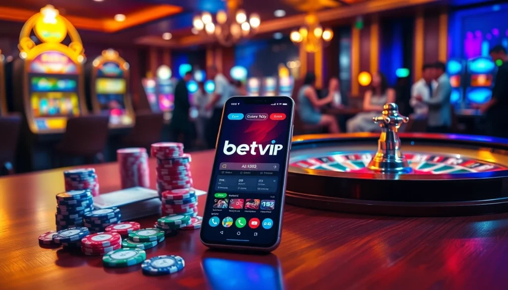 Người chơi tương tác với ứng dụng BetVIP giữa bầu không khí casino sôi động.