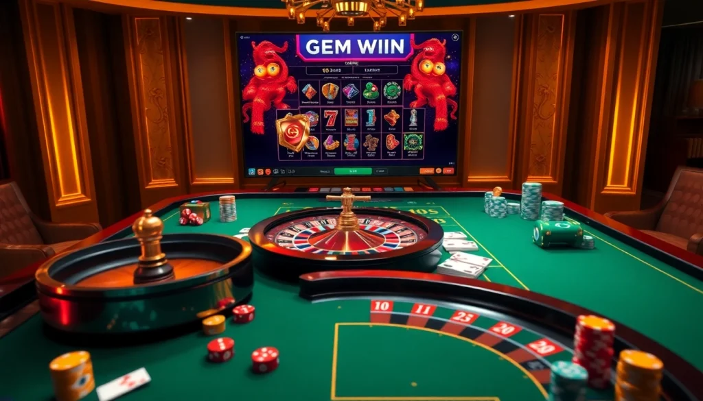 Experience the thrill of winning at the GEM WIN gaming table in an elegant casino setting.