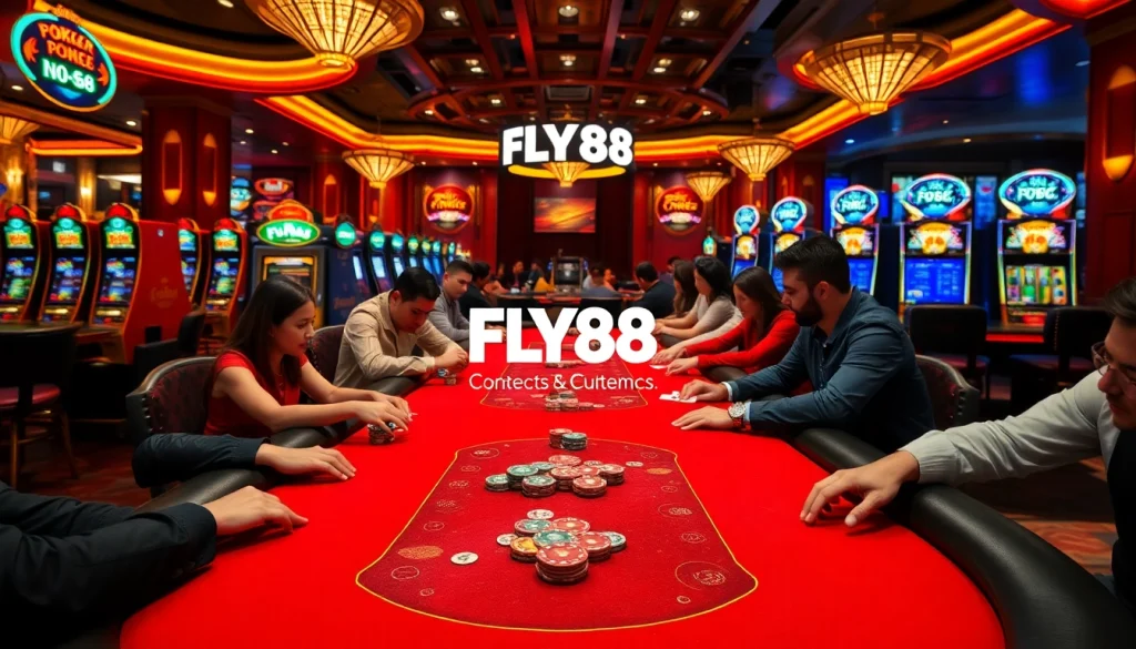 Players enjoying poker at a luxurious casino, highlighting FLY88 themed tables and vibrant atmosphere.