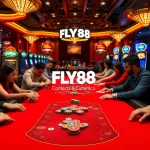 Players enjoying poker at a luxurious casino, highlighting FLY88 themed tables and vibrant atmosphere.