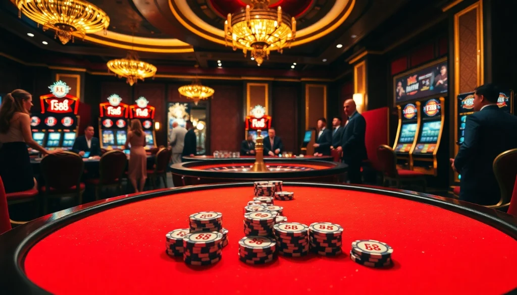 Experience thrilling gameplay with FLY88 poker chips on a luxurious casino table.