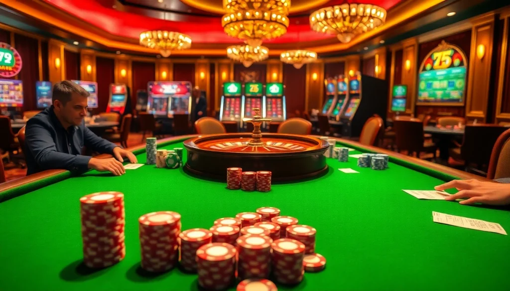 Exciting casino scene showcasing players at 79king poker table with vibrant chips and roulette.