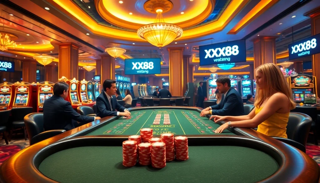 Players enjoy thrilling blackjack at XX88 casino, with vibrant decor and tempting slots.