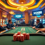 Players enjoy thrilling blackjack at XX88 casino, with vibrant decor and tempting slots.