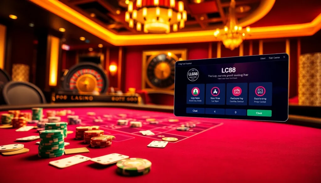 Experience high-stakes gaming at lc88 with Baccarat, vibrant table settings, and poker chips.