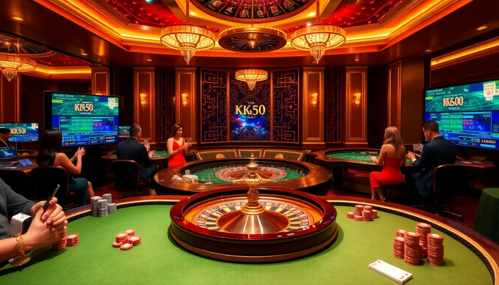 Experience the thrill of gambling at Nhà cái KK55 with vibrant casino visuals showcasing poker tables and roulette wheels.